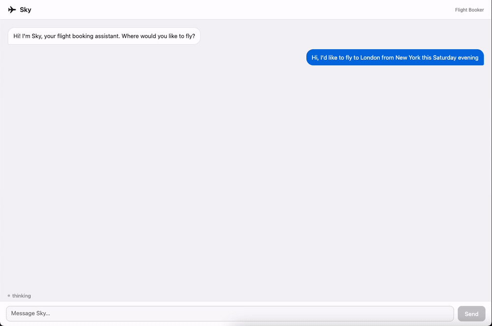 Sky in the browser. The user asks for a flight from New York City to London, and the agent answers with the cheapest economy offers, numbered, each showing the airline, the airports and times, and the fare.