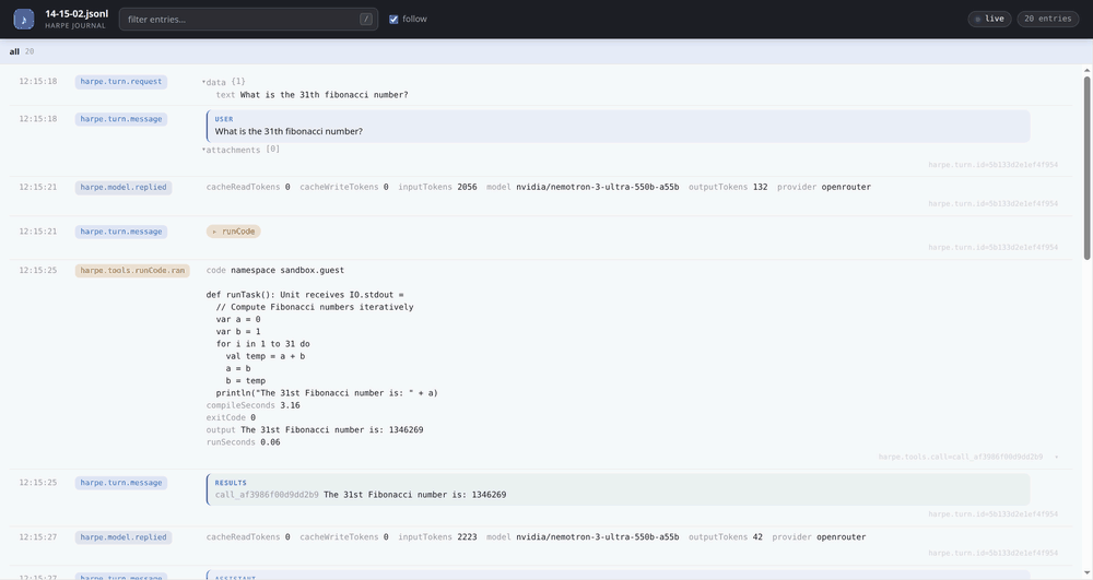 The viewer drilling into a live journal. It opens on one lane, “all”, holding every record in arrival order. Clicking a turn’s scope opens a second lane beside it with that turn’s records, and clicking the tool call inside it opens a third. A second turn, opened from the leftmost lane, appears as a new row below rather than replacing anything, so both turns stay open at once. A record’s raw JSON opens in a panel over the page.