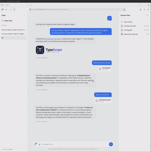The Harpe PDF processing agent showing persistent conversations, generated-program traces, PDF attachments, an SVG result, and files scoped to the current session.