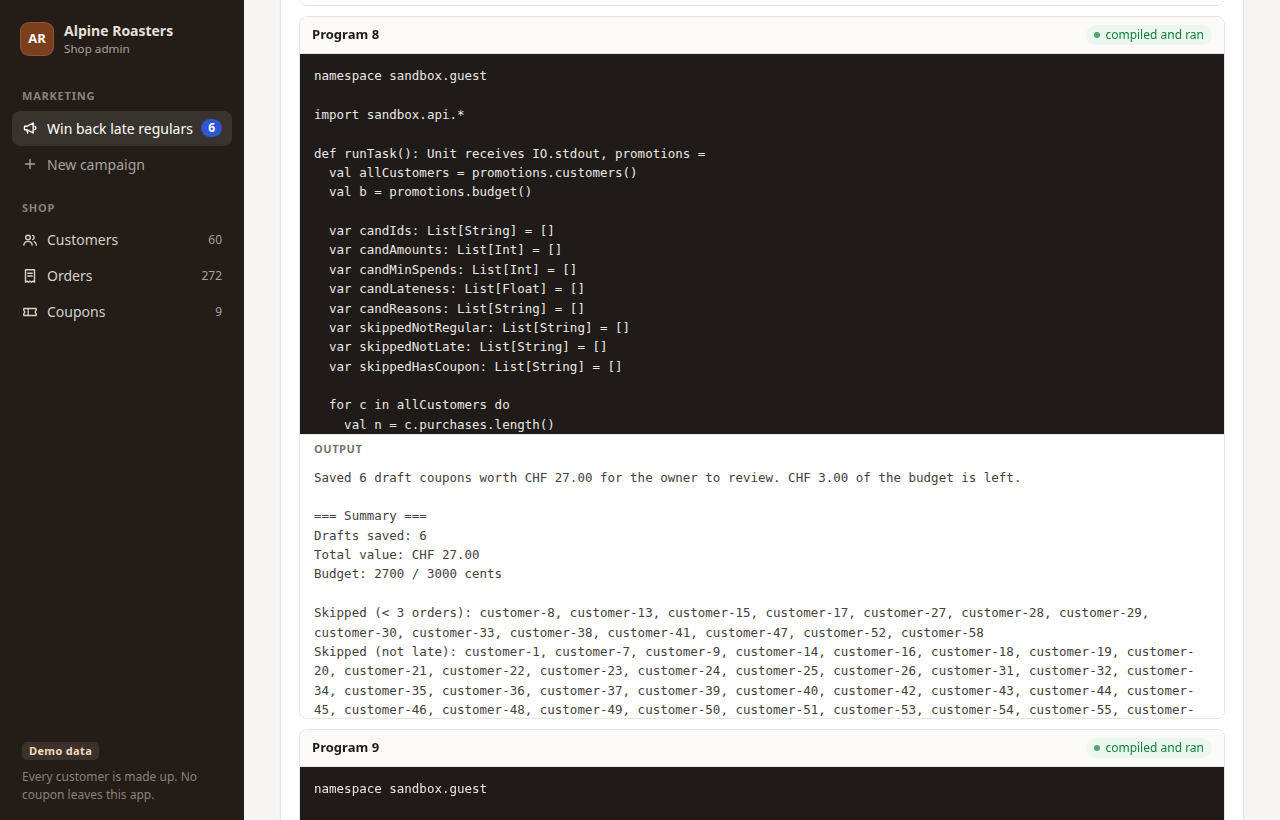 A run’s programs: the Jo code of an AI-written program, marked as compiled and run, and its output saying six draft coupons worth CHF 27.00 were saved.
