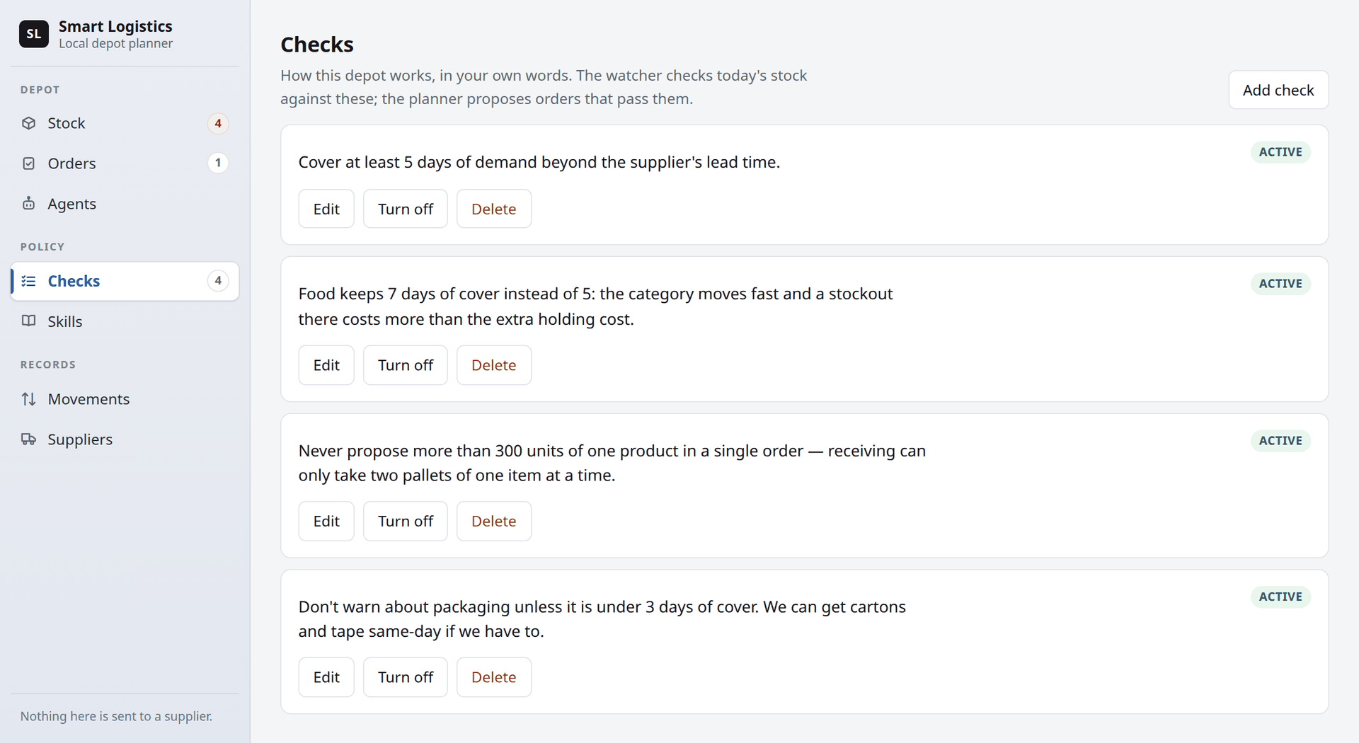 The checks page. Four checks written as plain sentences, each marked active and offering Edit, Turn off and Delete.