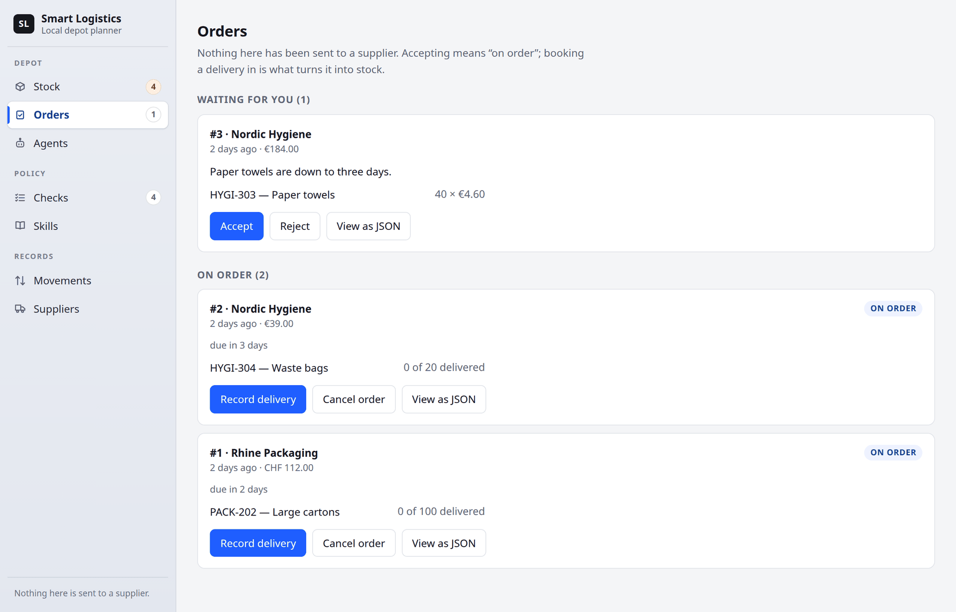 The orders page. One draft waiting for review with Accept and Reject, and two orders already placed, each showing when it is due and how much has been delivered.